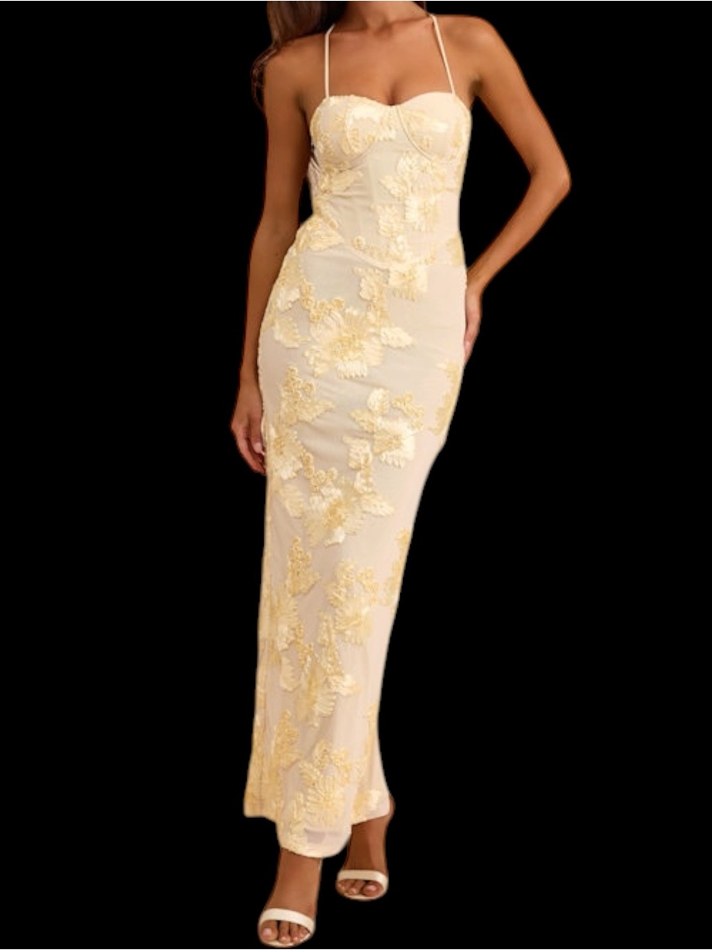 Lulus Nantessa Pale Yellow Floral Applique Lace-Up Back Maxi Dress Slit Medium - Picture 2 of 11